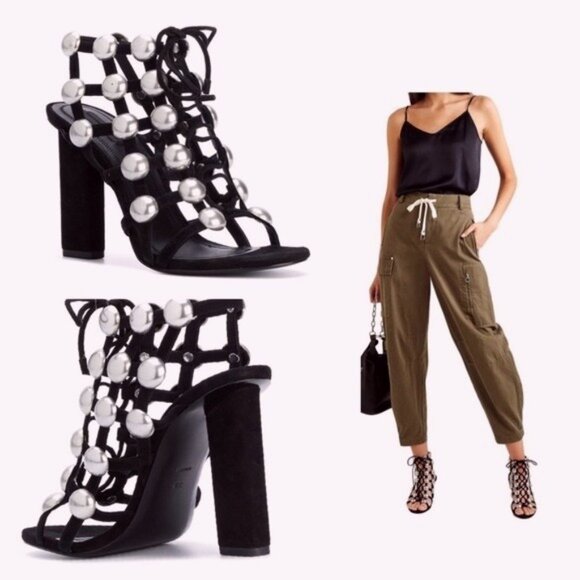 Alexander Wang Heels 7.5 Black Rubie Pearl Cage Strappy Designer Edgy Cocktail